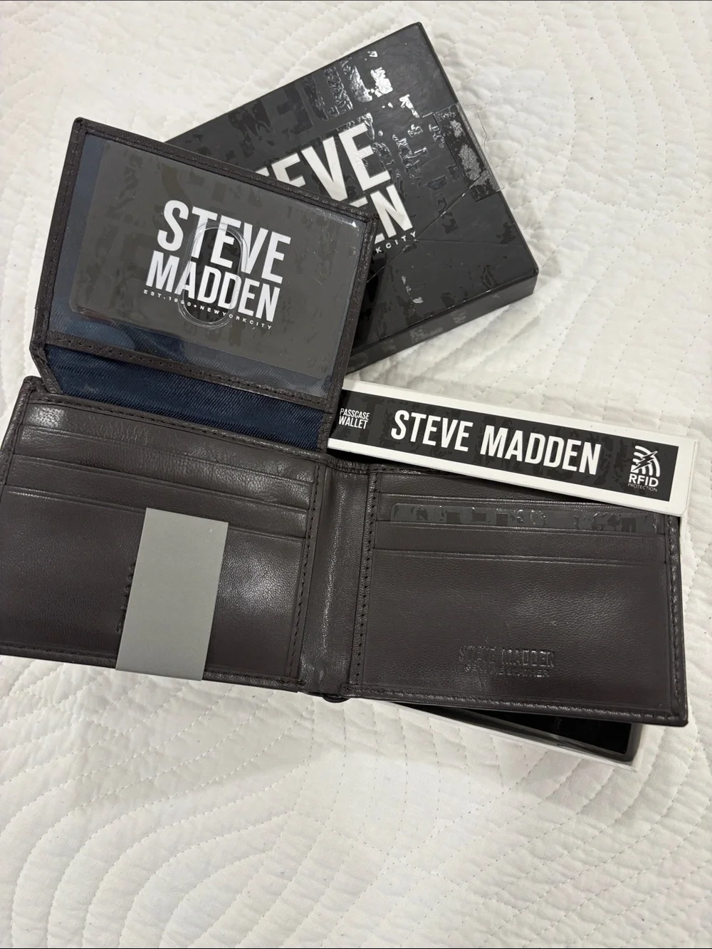 Steve Madden Black Genuine Leather RFID Bi-Fold Wallet